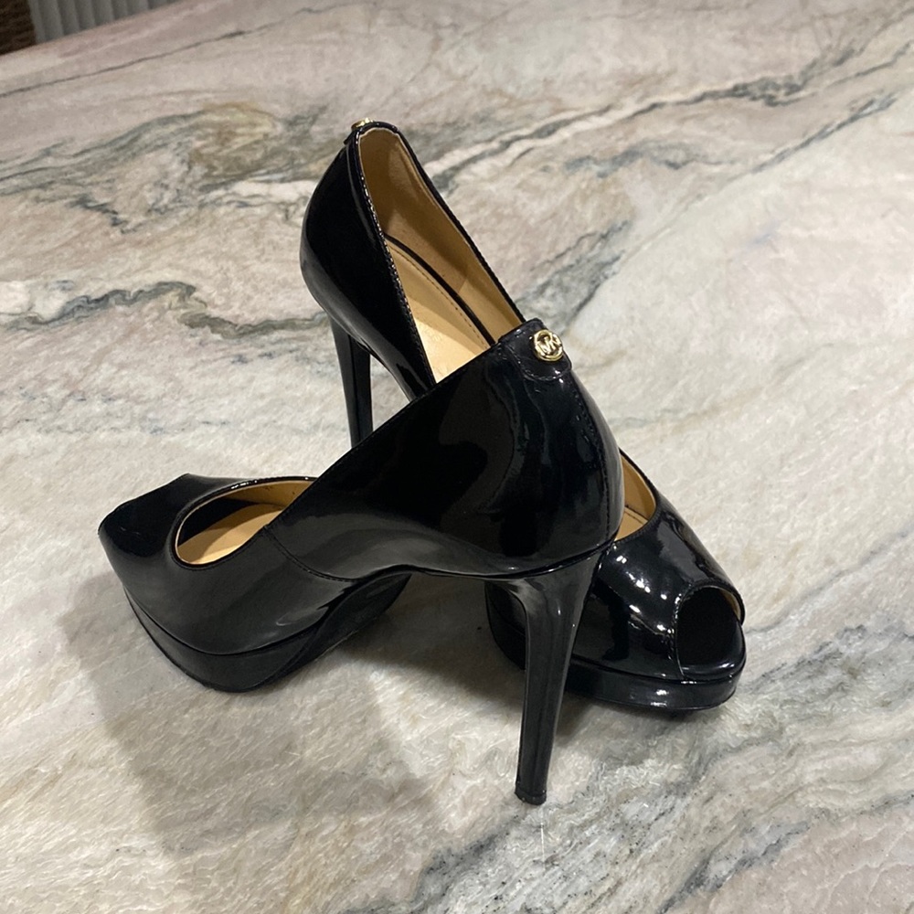 MK black patent peep toe heels
